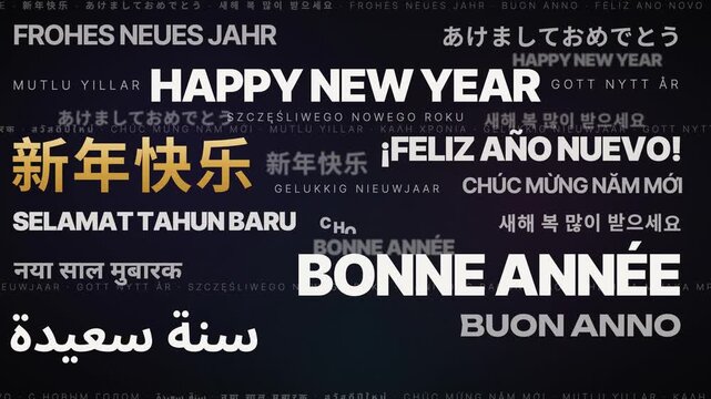 Happy New Year 2027 multilingual kinetic typography with gold reveal