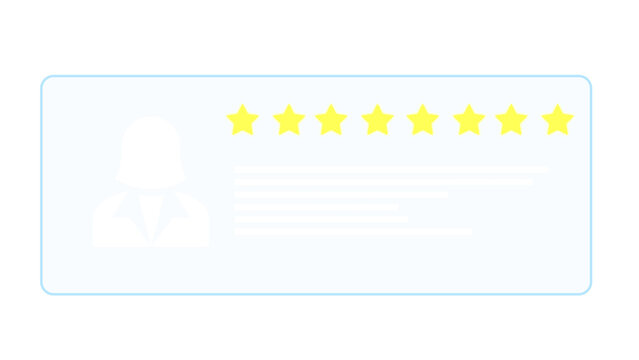 Five star customer review card, Flat illustration of a customer review card with a white user avatar, five yellow stars, and text lines on transparent background.