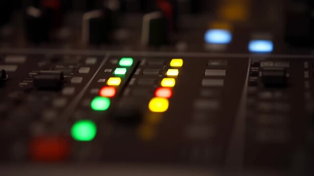 Slow motion tracking tilt shot of audio mixer faders being adjusted with illuminated green yellow red leds on console in recording studio control room