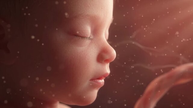 Fetal development baby womb peaceful prenatal life embryo infant close up delicate skin face profile soft particles warm light serene atmosphere natural healthy growth biology medical healthcare