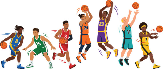Diverse men basketball players flat vector character set dribbling passing shooting and dunking the ball © Md Rohul