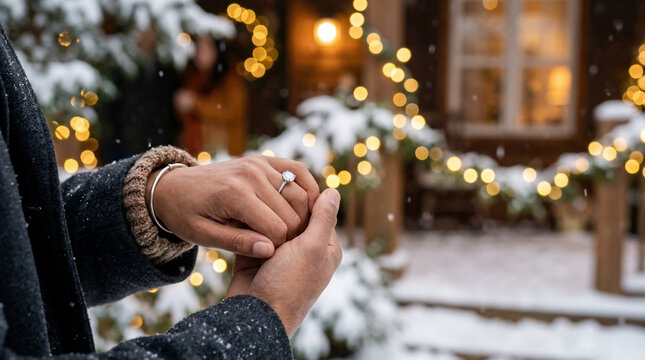Marriage proposal: close up of a persons hands wearing a diamond engagement ring during a snowy winter proposal