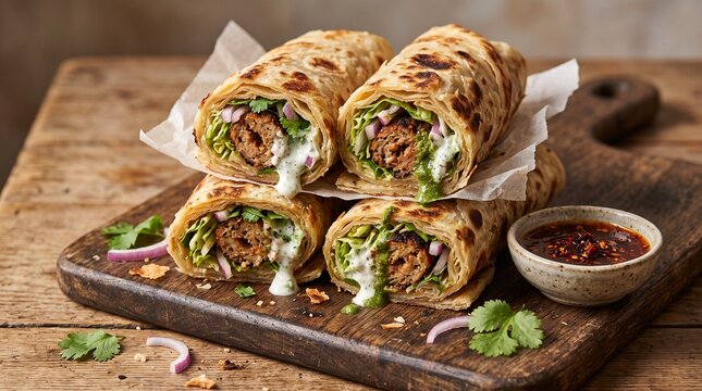 Chicken seekh kabab paratha rolls platter with chutney