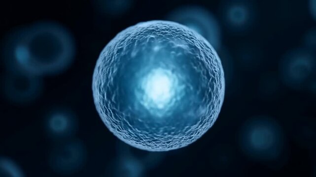 Slow motion tracking shot of cell rotating and drifting in dark blue microscopic environment