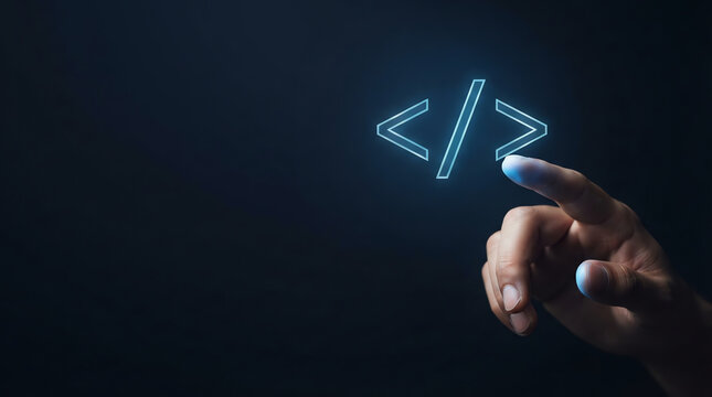 A close up of a human finger touching a glowing digital code symbol on a dark background