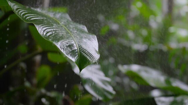 Slow motion static close up of tropical leaf dripping raindrops and shedding water in lush garden rainforest understory during daytime rain