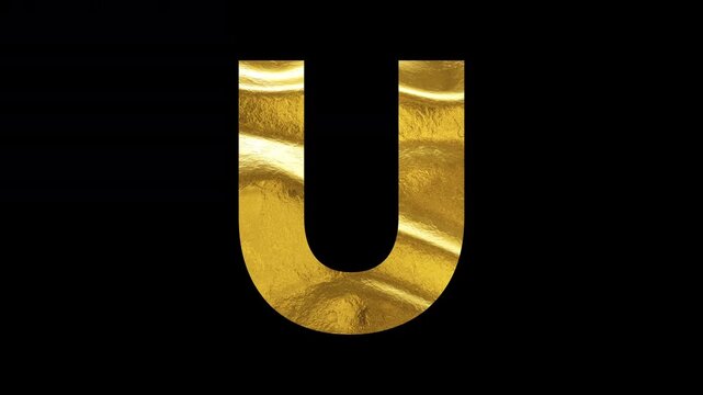 Gold "U" alphabet animation on black background seamless loop. 4k