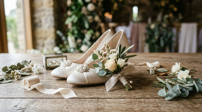 Elegant bridal shoes with a small floral boutonniere and ribbon on a rustic wooden table in a wedding setting