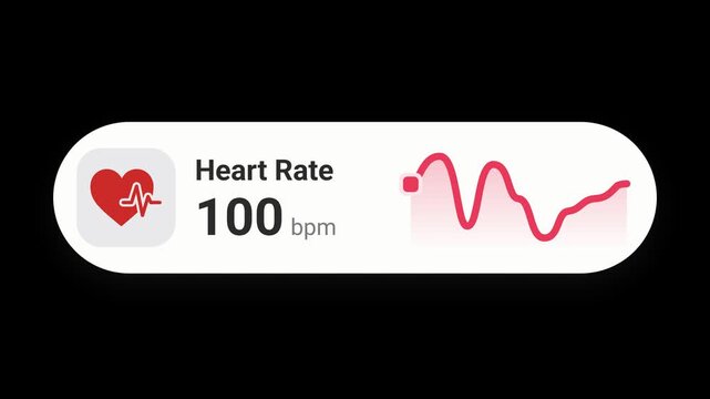 Heart rate widget animation with beating heart icon, bpm counter and pink line chart, minimal health tracker UI motion graphic on black background