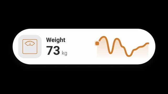 Body weight widget animation with bathroom scale icon, kg counter and orange line chart, minimal fitness tracker UI motion graphic
