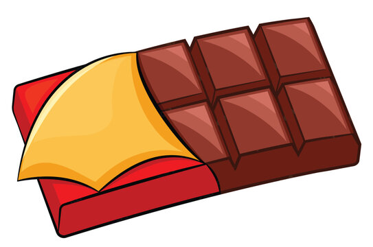 Chocolate bar with open gold foil packaging, cartoon vector illustration of a sweet chocolate treat for confectionery branding, candy packaging and dessert design.