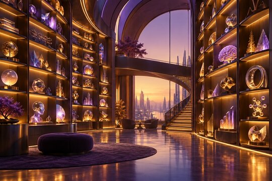 Futuristic library of glowing objects for skills investment