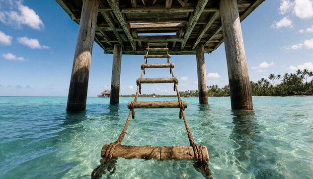 Wooden rope ladder leading to overwater bungalow in tropical turquoise sea under blue sky