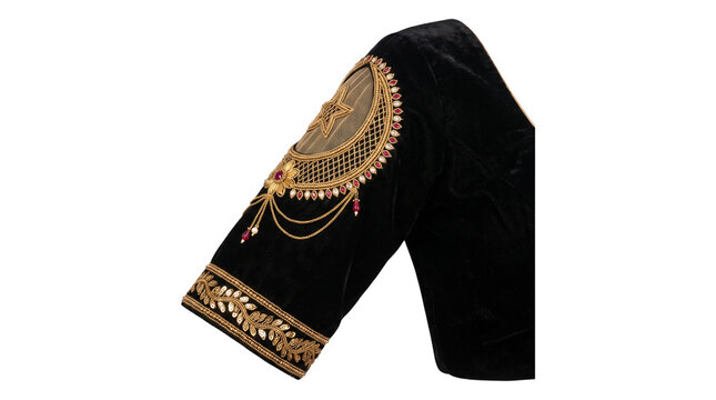Luxurious black velvet sleeve with gold zardosi embroidery, traditional Indian bridal blouse detail, ethnic wedding fashion couture isolated PNG with Transparent Background