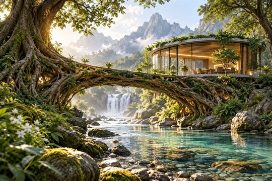 Living root bridge supporting a sustainable business pavilion