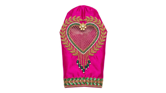 Embroidered pink silk sleeve with heart shape zari work, traditional Indian bridal blouse design, ornate ethnic fashion garment detail isolated PNG with Transparent Background