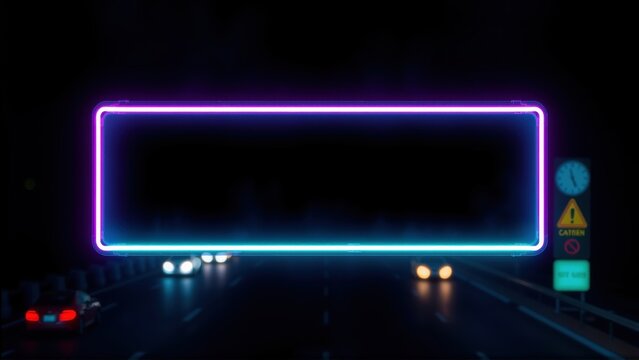 Dark highway tunnel scene. Bright neon rectangle dominates view. Cars travel toward viewer, illuminated headlights visible. Signage present.
