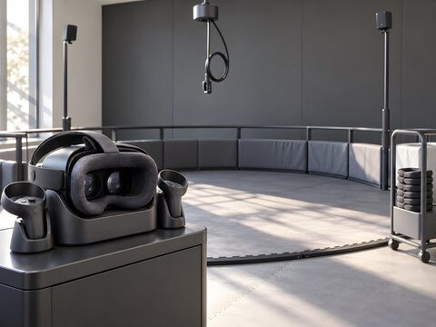 Empty virtual reality arcade bay with a padded play pod tracking base stations a headset charging stand and a cable pulley