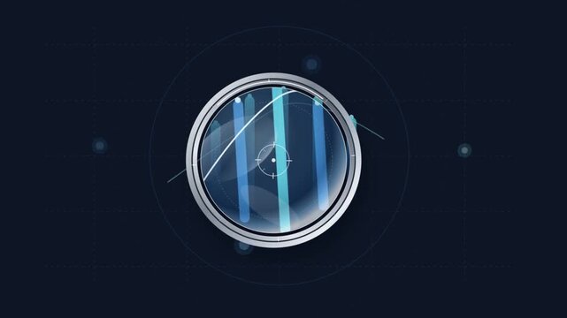 Futuristic digital circular scope interface with glowing blue data bars