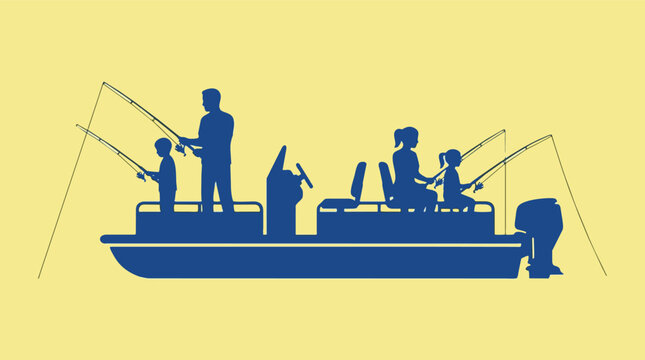 Family Fishing Trip on Pontoon Boat Silhouette Illustration