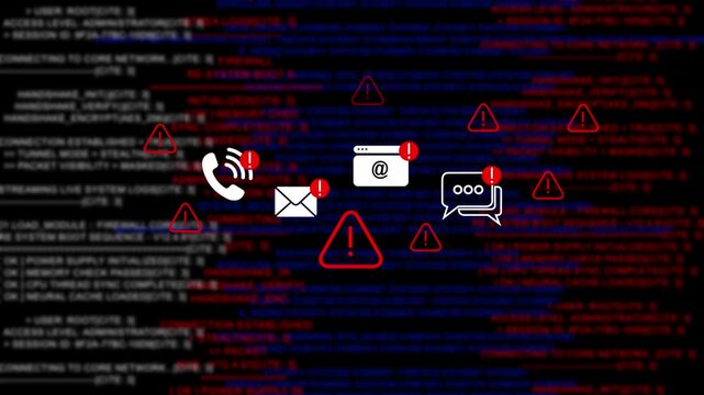 Critical system memory failure error alert with flashing warning and digital communication symbols overlaid on a dark background, of scrolling binary, code and complex, server network data streams