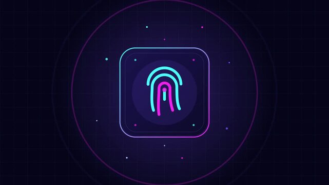 Neon fingerprint unlock icon with padlock accent popping into a rounded dark card, pulse waves spreading outward, flat vector animated seamless loop overlay