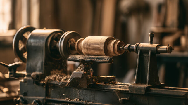 Retro wood turning lathe machine in a vintage woodworking workshop  