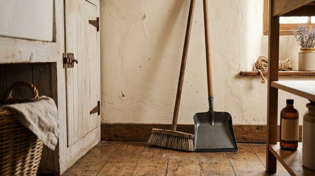 Broom and dustpan leaning against a rustic wall in an old fashioned interior with wooden flooring
