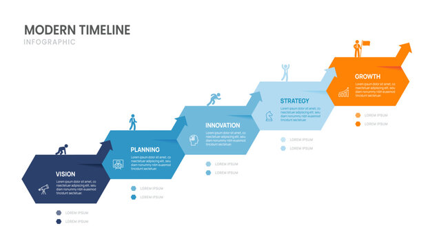 Business Success Timeline Infographic Presentation with Icons and 5 Hexagonal Steps, Arrow Roadmap Template for Process, Strategy, Goals, and Corporate Growth.