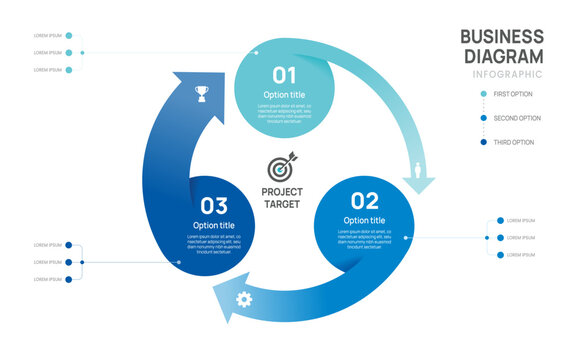 Business diagram infographic chart template 3 arrow parts options, presentation with icons elements vector illustration.