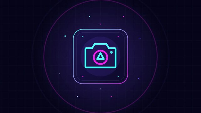 Camera shutter aperture icon with rotating blades look, neon cyan and pink strokes, bounce pop-up and pulse wave bursts, flat vector looping motion clip