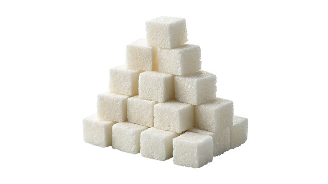 Pyramid stack pile of sweet white sugar cubes confectionery sweetener isolated on transparent background