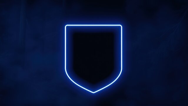 Neon shield icon glows against dark background. Simple design evokes protection, security, futuristic aesthetic. Bright blue lines define shape.