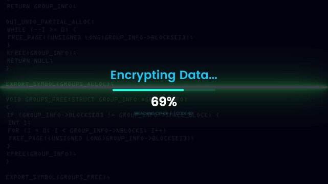 Encrypting data with running code animation featuring cyber security decryption process