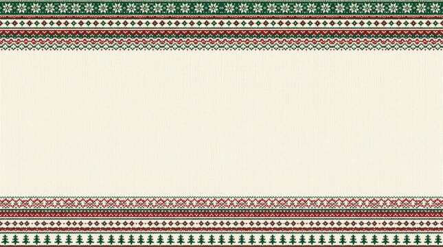 A festive ugly sweater pattern forms a traditional christmas and happy new year greeting card frame border, featuring green and red knitted designs on a cozy beige background with ample copy space.