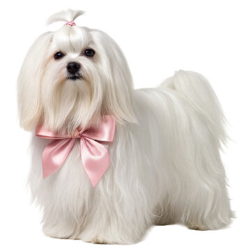 Maltese Dog Wearing Pink Satin Bow Photorealistic Long Haired Pet Portrait Cutout for Beauty and Grooming Ads