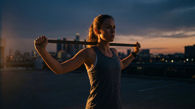 Woman runner stretching with resistance band at dusk on urban rooftop overlooking city skyline, pre-workout warm-up, fitness motivation