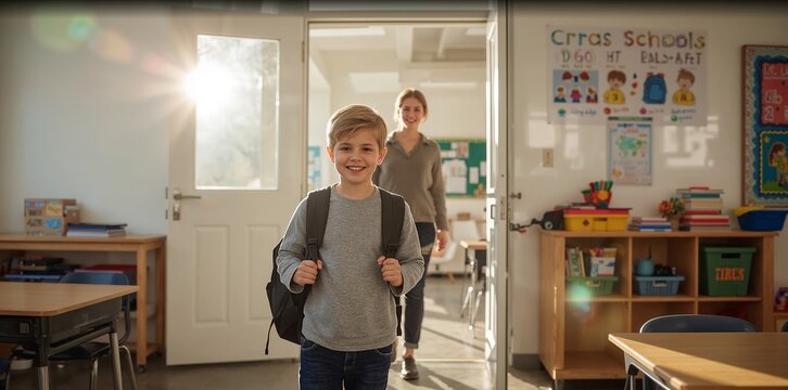 Cheerful young boy walks into the classroom with his backpack, exuding confidence, as his teacher follows closely behind him, both eager for the school day ahead