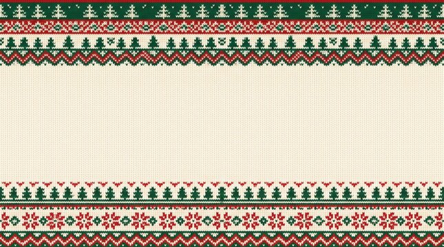 A festive ugly sweater knit pattern creates a red and green frame border, perfect for a merry christmas and happy new year greeting card with central copy space.