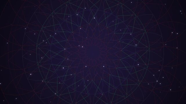 Mystical geometric mandala with delicate linework and twinkling stars, symmetrical pattern on deep indigo background, copy space
