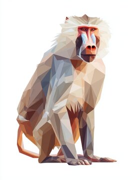 Low Poly Geometric Illustration Of A Sitting Baboon On White Background