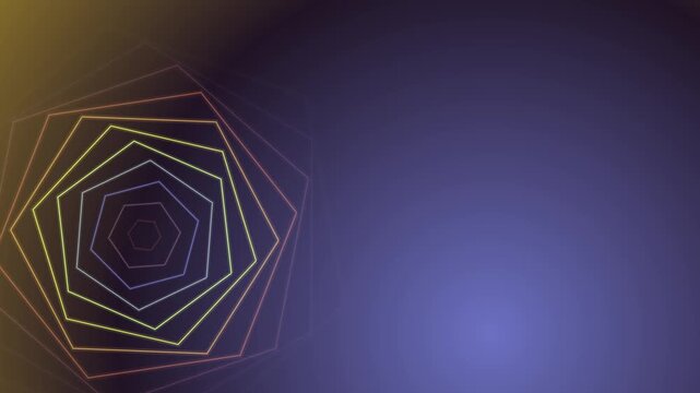 Rotating nested hexagons line art motion background, amber and blue gray gradient, geometric design with empty space for text