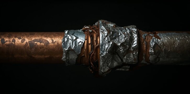 Corroding copper pipe with a leaking section, patched with silver foil tape. Represents plumbing problems and temporary fixes