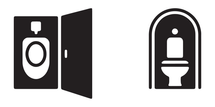 Public bathroom stall icons with urinal and toilet bowl symbols for facility architecture planning.