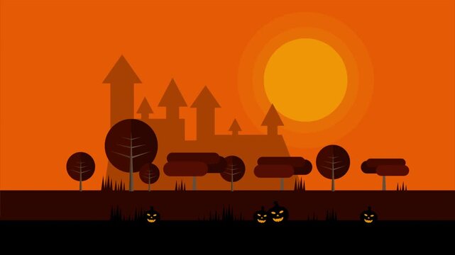 Spooky Halloween landscape with glowing jack o lanterns and haunted castle under a bright moon
