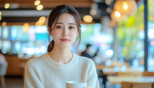 明るいカフェの窓辺で白いマグカップを手にこちらを見つめる笑顔の美しい日本人女性