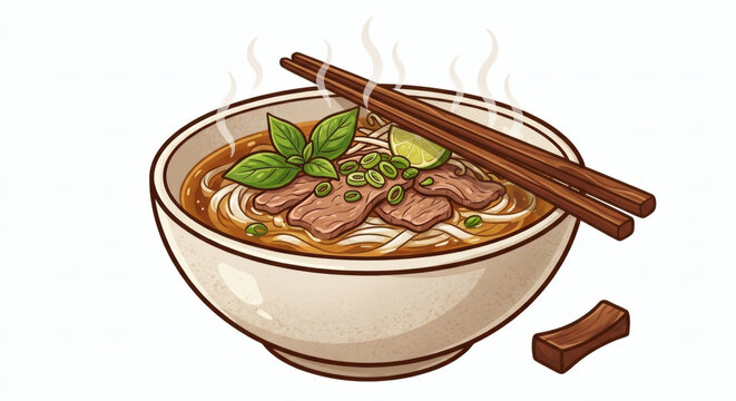Authentic Vietnamese pho beef noodle soup bowl with chopsticks and fresh herbs vector illustration isolated on white background