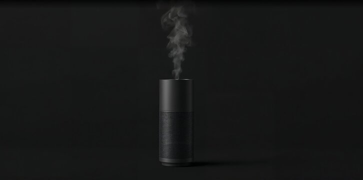 Modern air purifier emitting smoke, indicating filtration process for cleaner, healthier indoor environment and respiratory well being