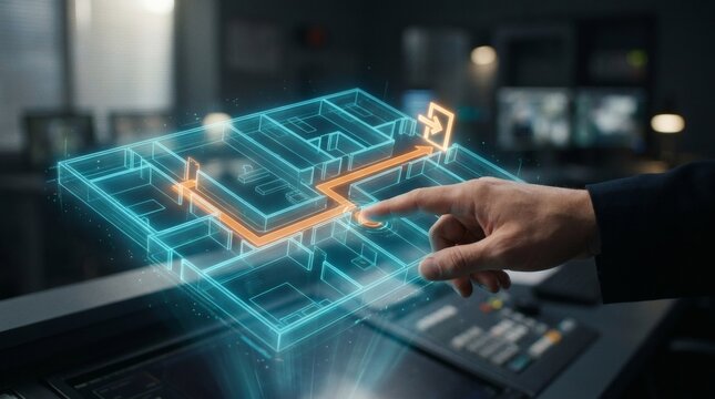 Futuristic digital floor plan hologram showing an emergency escape route with a hand interacting in a high-tech security control room environment.