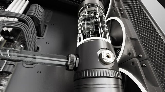 Liquid cooled custom PC interior along the coolant loop, 3D animation

